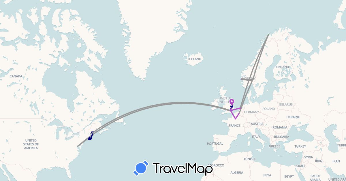 TravelMap itinerary: driving, bus, plane, train in Belgium, France, United Kingdom, Netherlands, Norway, United States (Europe, North America)